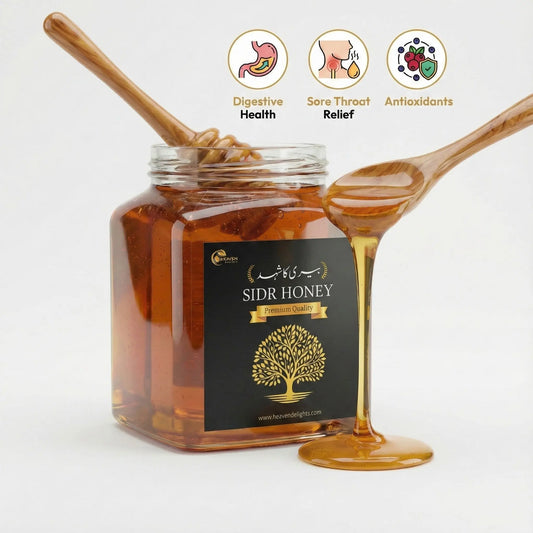 Jar of Sidr Honey with a honey dipper on a white background