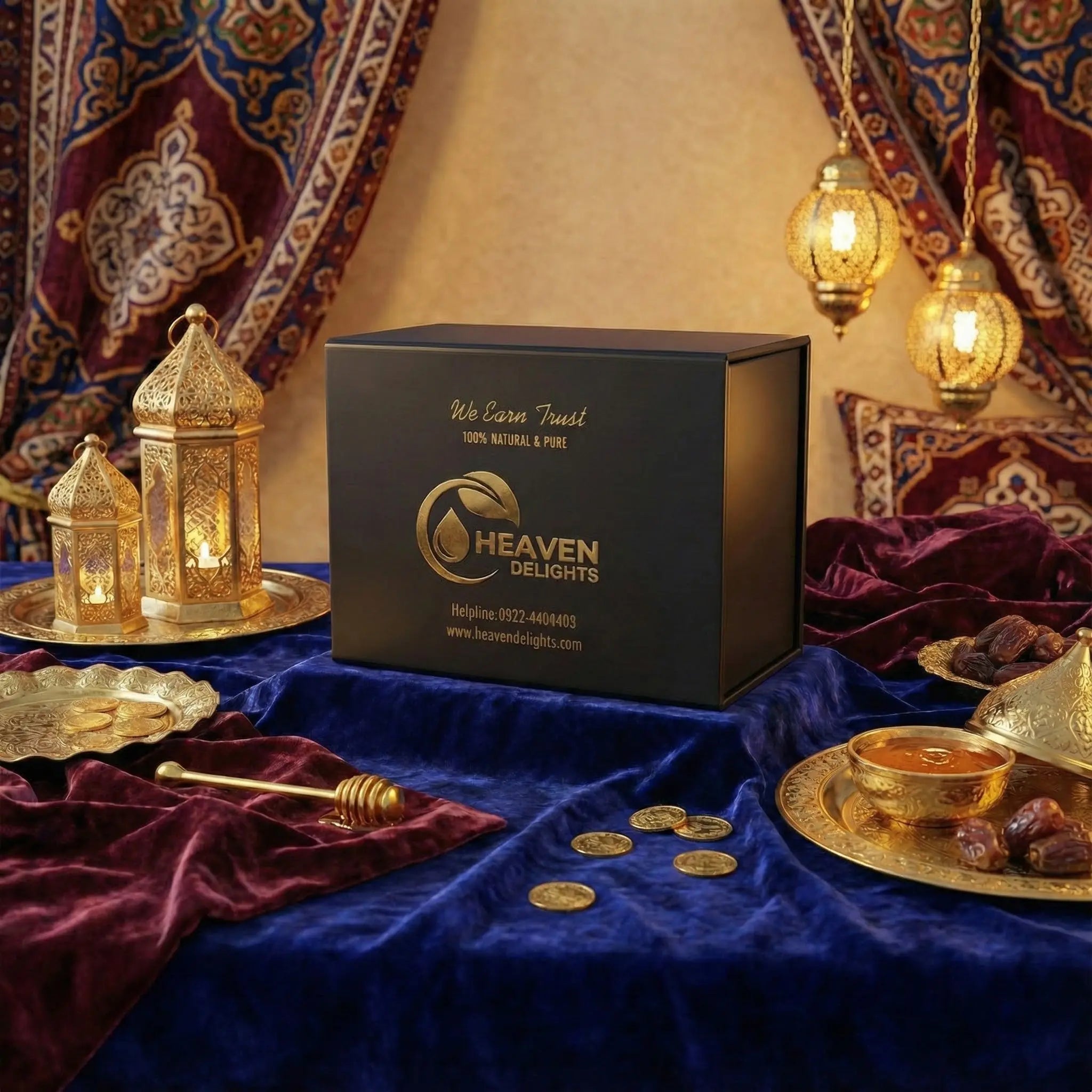 Heaven Delights product box with decorative lanterns and gold items on a blue fabric background.