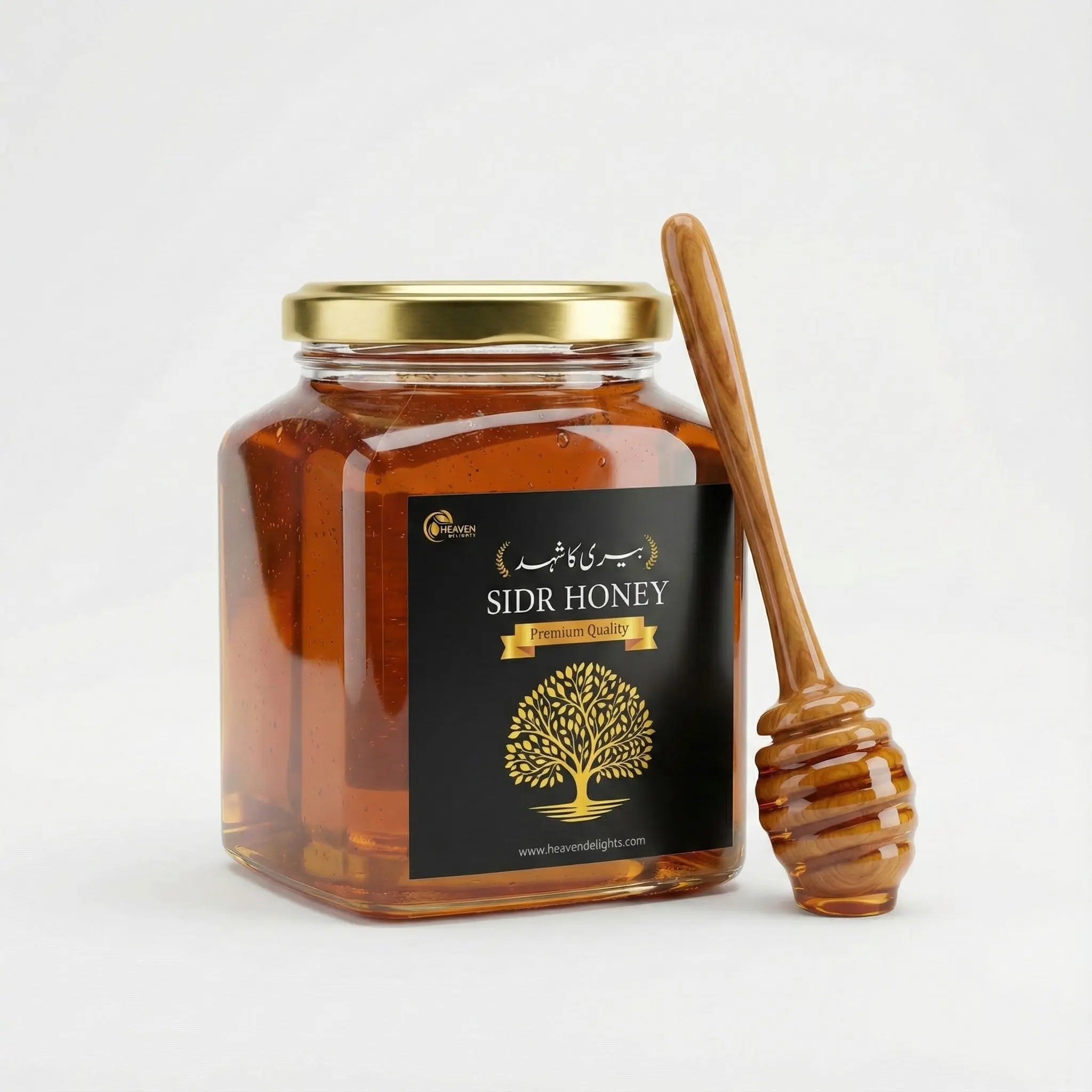Jar of Sidr Honey with a honey dipper on a white background