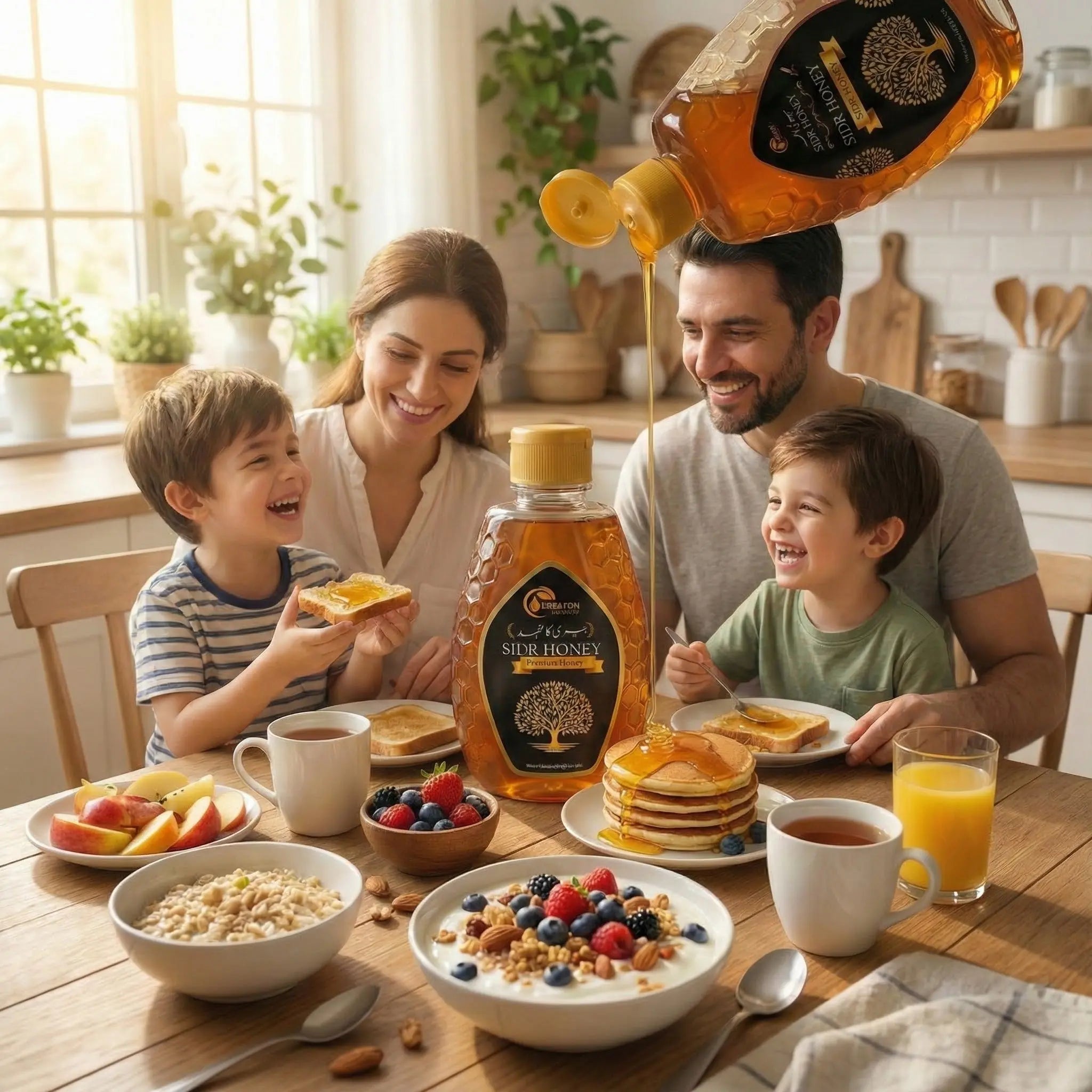 Family enjoying a breakfast with pancakes and honey in a kitchen.