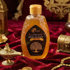 Bottle of Sidr Honey with a decorative background