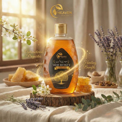 Bottle of Sidr Honey with 'Heaven Delight' branding on a wooden stand with honeycomb and flowers.