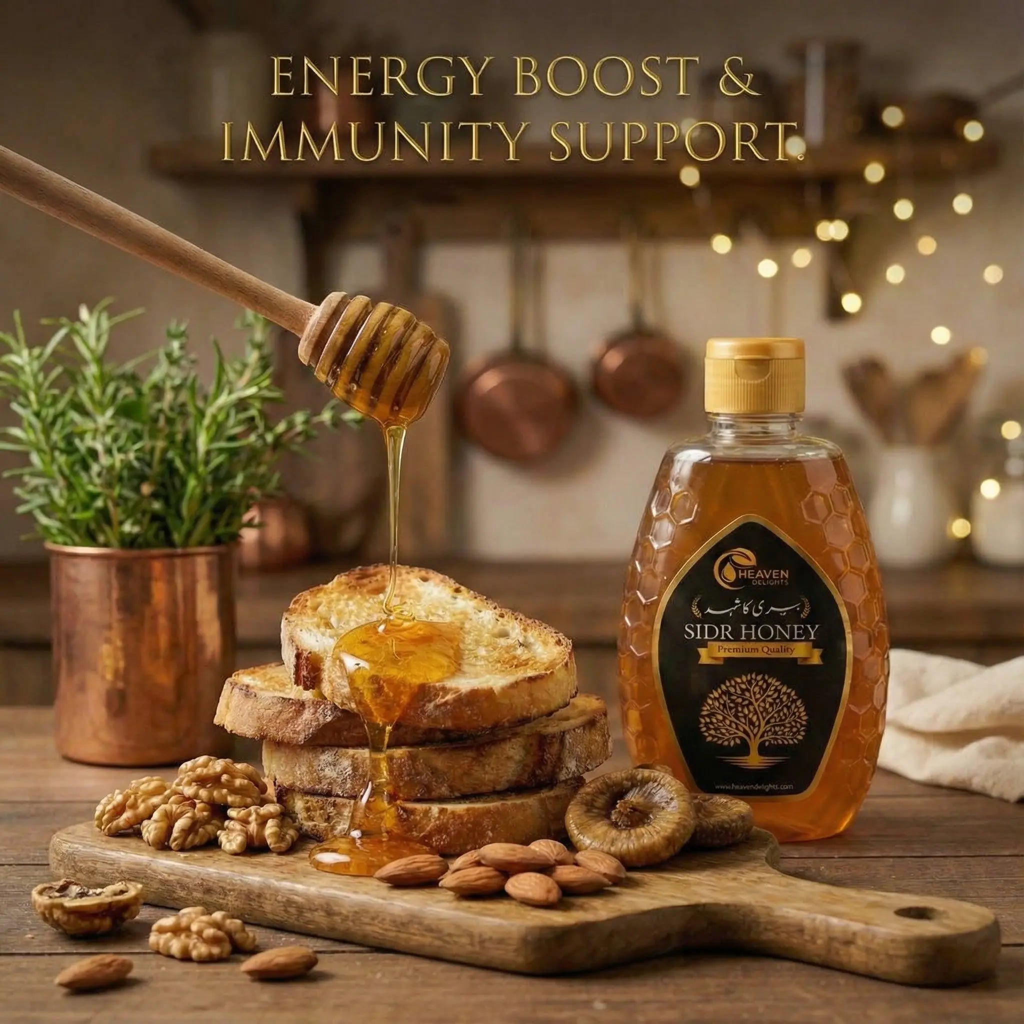 Honey being drizzled over toast with a bottle of Sidr Honey on a wooden cutting board, surrounded by nuts and figs.