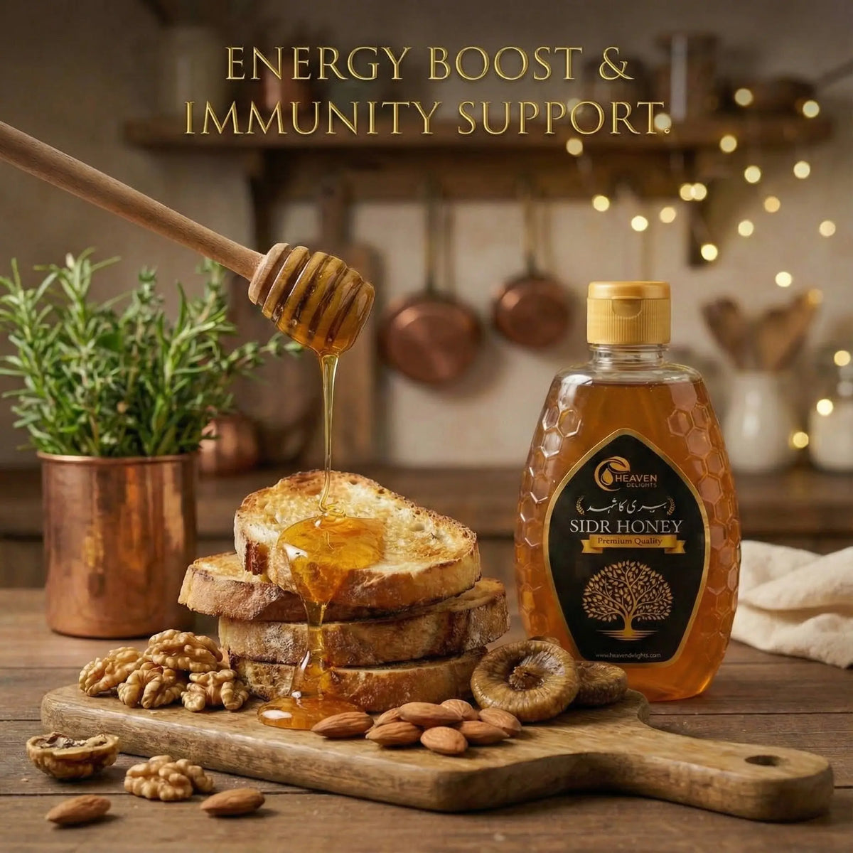 Honey being drizzled over toast with a bottle of Sidr Honey on a wooden cutting board, surrounded by nuts and figs.