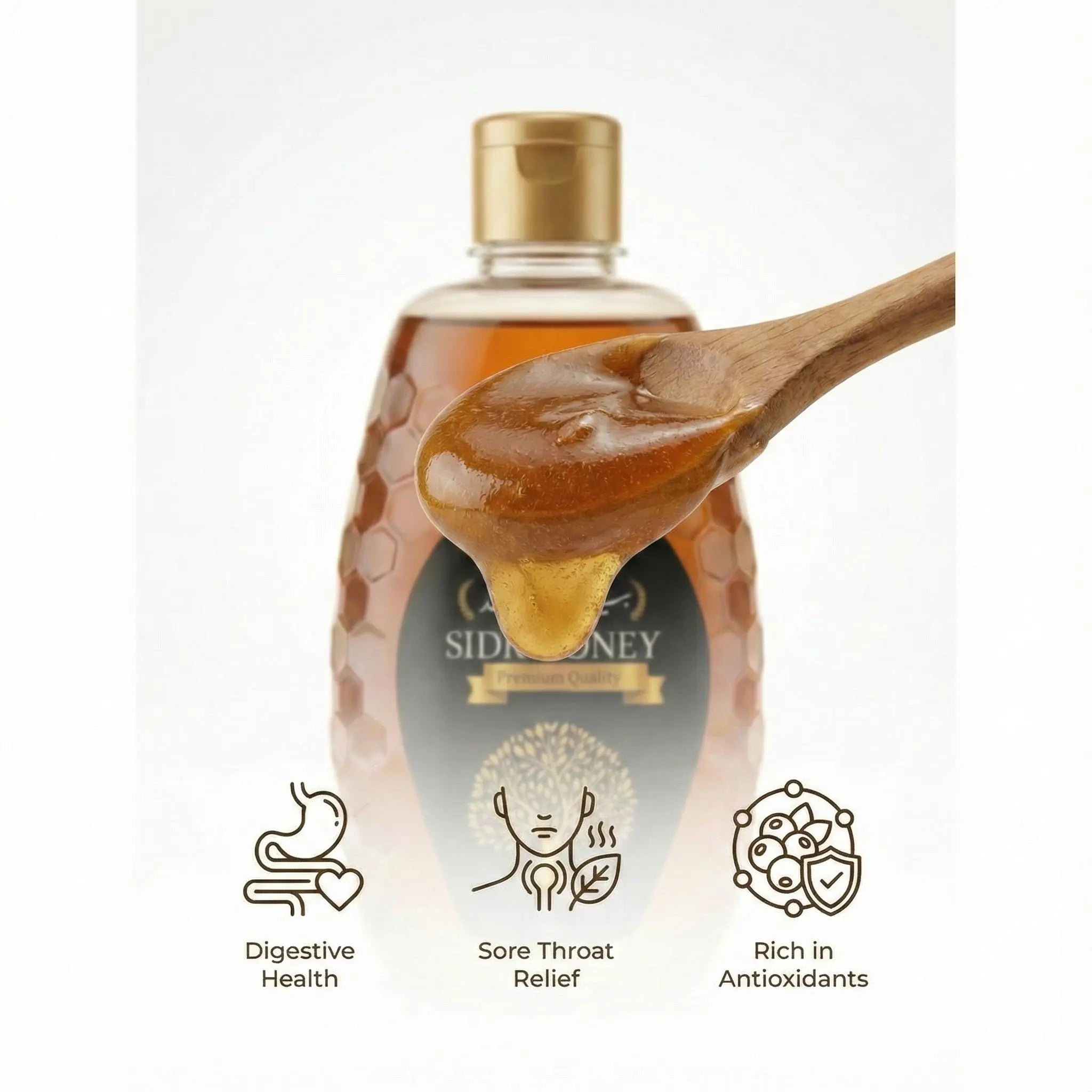 Bottle of Sidr Honey with a wooden spoon full of honey, featuring icons and text about health benefits on a white background.