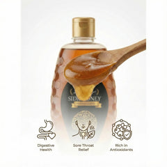 Bottle of Sidr Honey with a wooden spoon full of honey, featuring icons and text about health benefits on a white background.